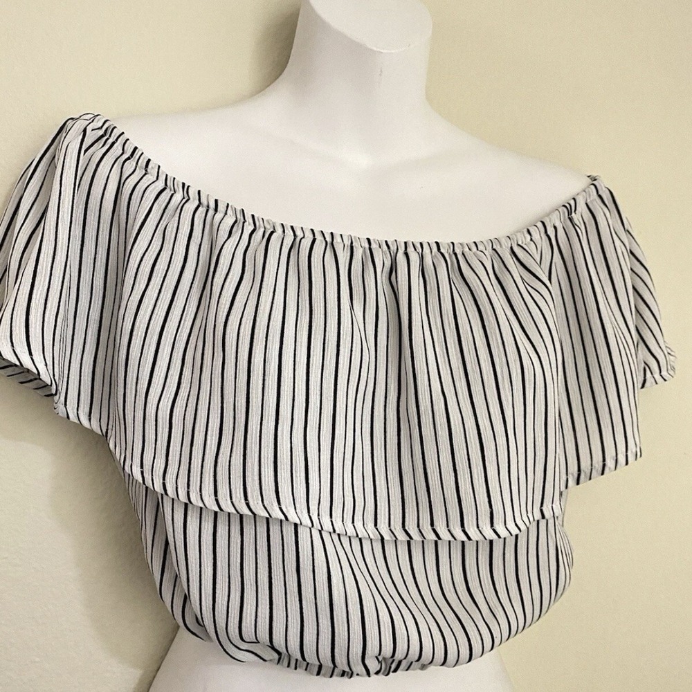 Black & White Striped Off-Shoulder Ruffle Crop Top | Elastic Neck Boho Summer